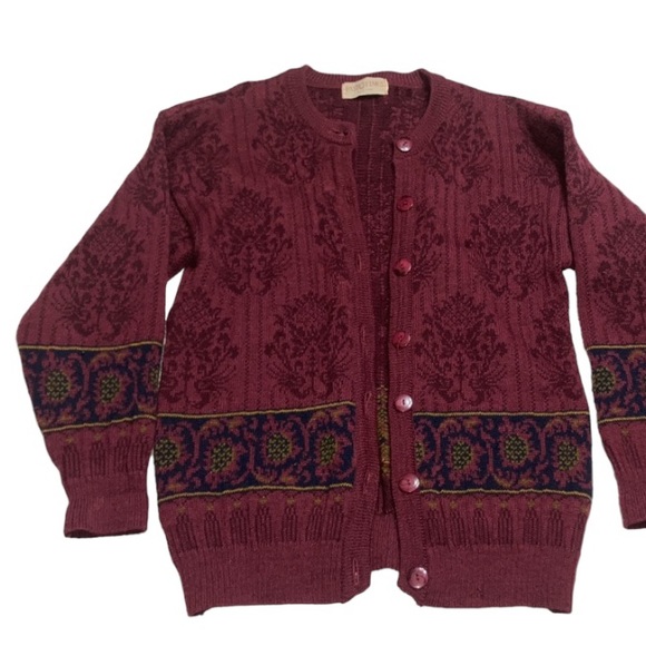 Vintage Past times 100% Wool Burgundy Cardigan Sweater Size XL - Picture 1 of 13